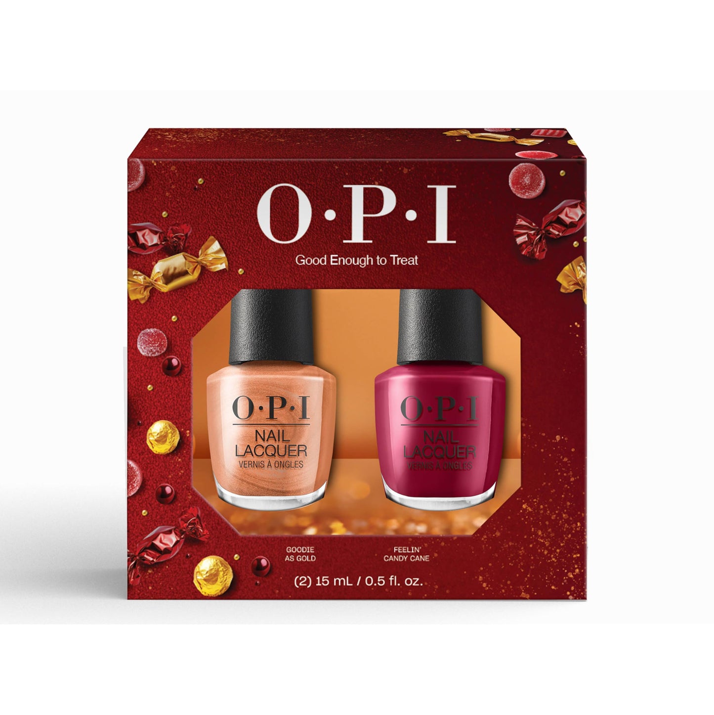OPI Nail Lacquer Duo Pack - Goodie as Gold & Feelin' Candy Cane | 2pc Golden Shimmer and Burgundy Red Chip Resistant Nail Polish | Amazon Exclusive | Holiday Shades 2025