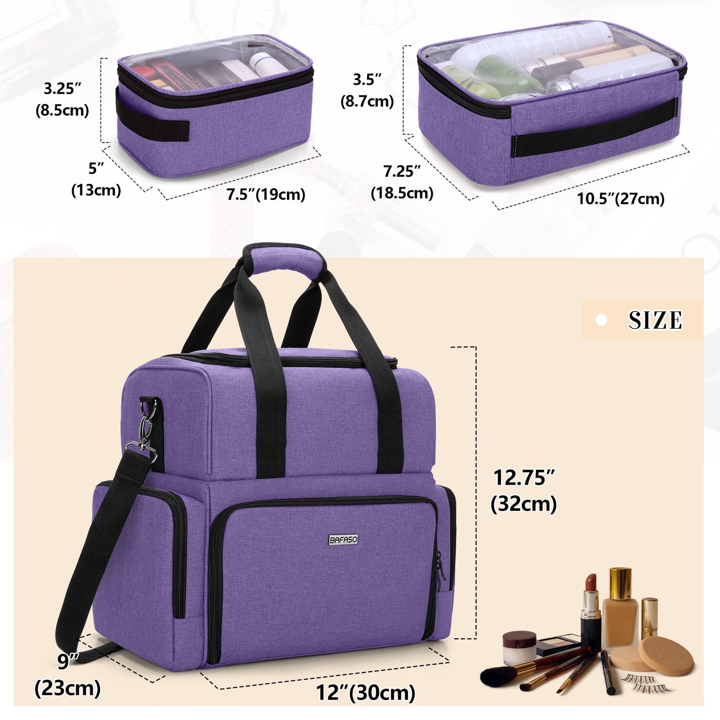BAFASO 2 Layers Large Travel Makeup Bag with 3 Inner Removable Pouches, Cosmetic Bag with Detachable Dividers (Patented), Purple