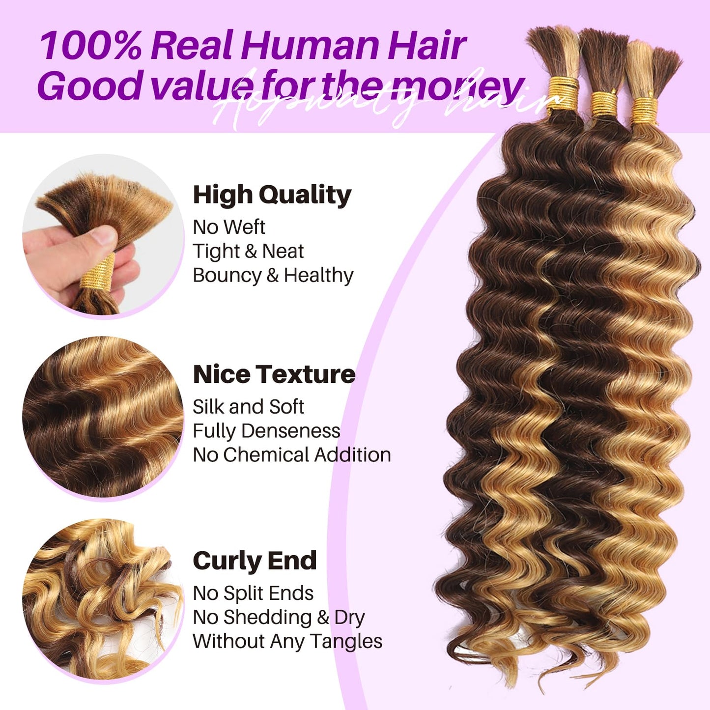 Human Braiding Hair for Boho Braids, Deep Wave Bulk Boho Braids Human Hair for Knotless Curly Bohemian Water Wave Braiding 110g 16 Inch Chocolate Brown (3 No Weft Bundles/Pack)