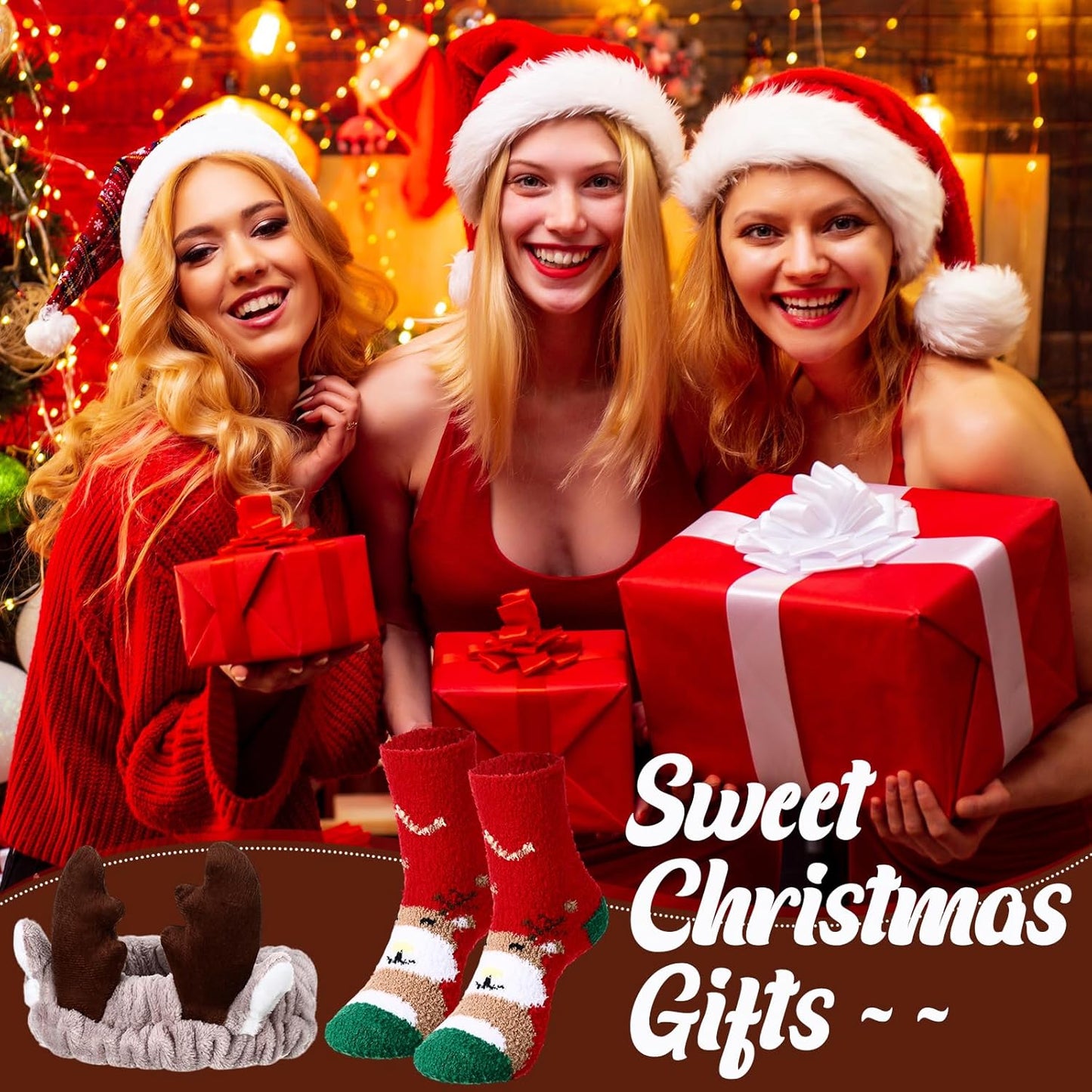 Christmas Antlers Headband Set - 12 Pieces with Fuzzy Socks for Holiday Parties | Deer Ear Design
