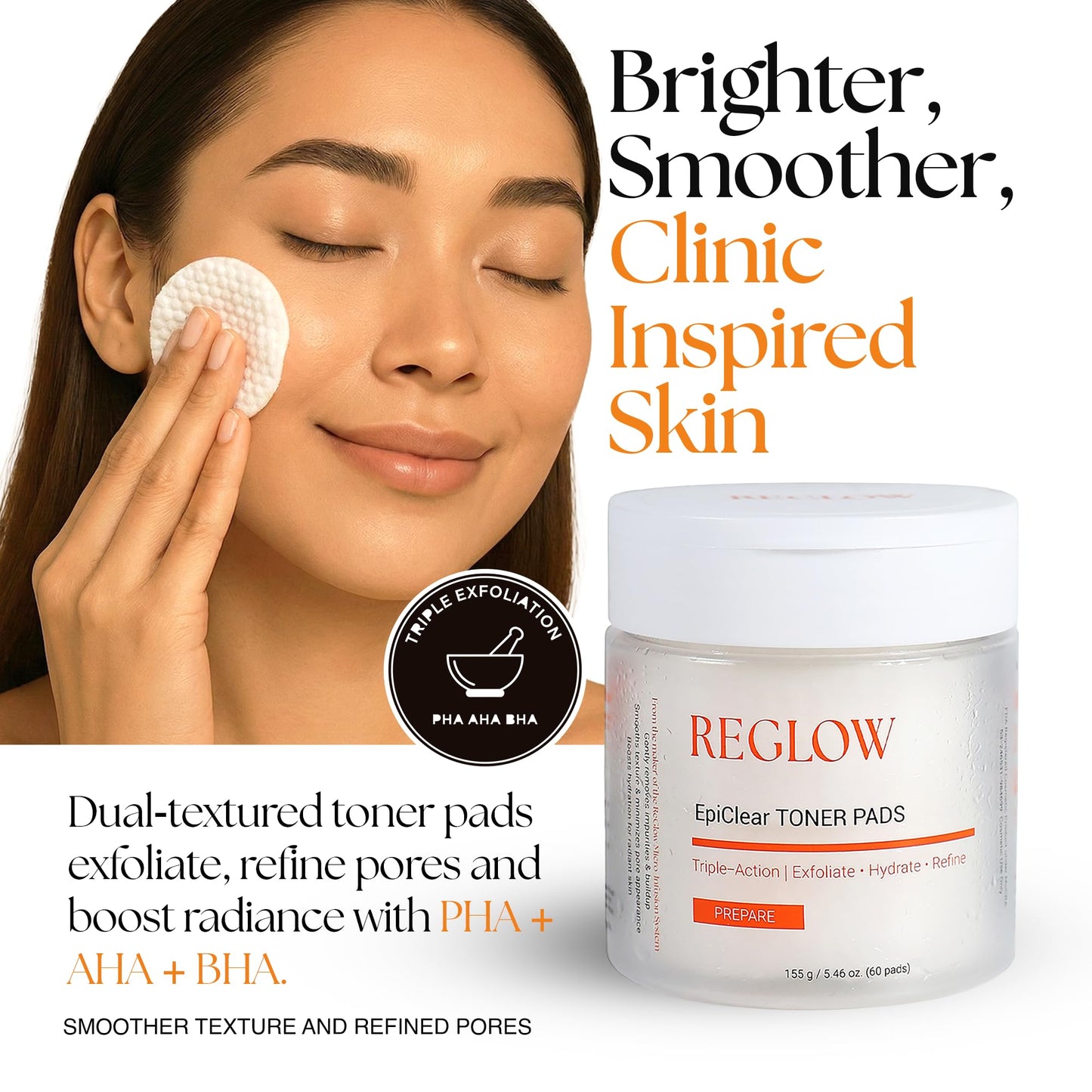 ReGlow EpiClear Toner Pads – Exfoliating Facial Pads with PHA, AHA, BHA & Niacinamide – Pore Care, Hydrating & Resurfacing Daily Peel – Clinic-Inspired Skincare for Smooth Texture 60 Pads (1 pack)