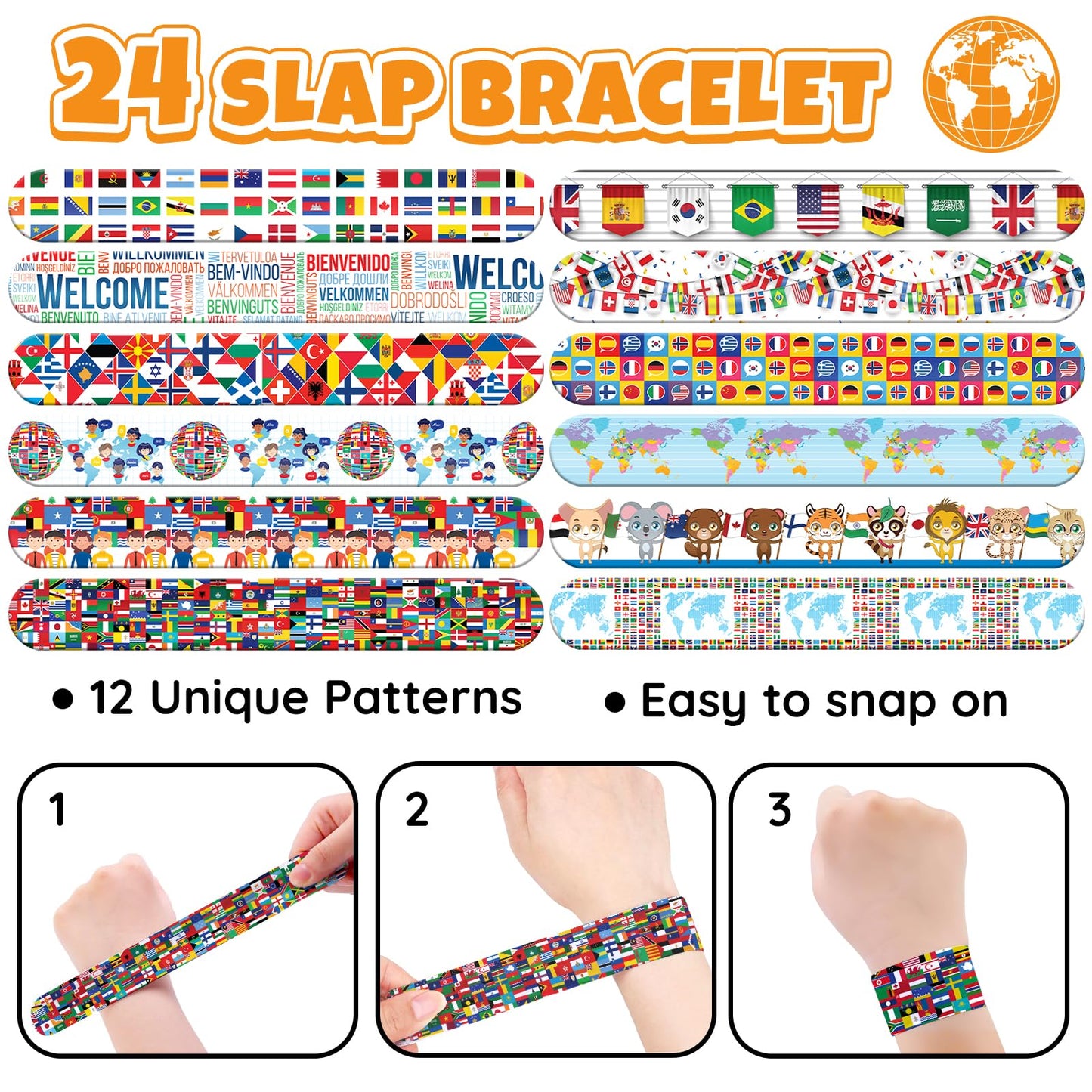 96 PCS World Flag Party Favors – 72 Pre-Cut Temporary Tattoos & 24 Slap Bracelets for Kids, Multicultural Birthday Supplies & Classroom Rewards