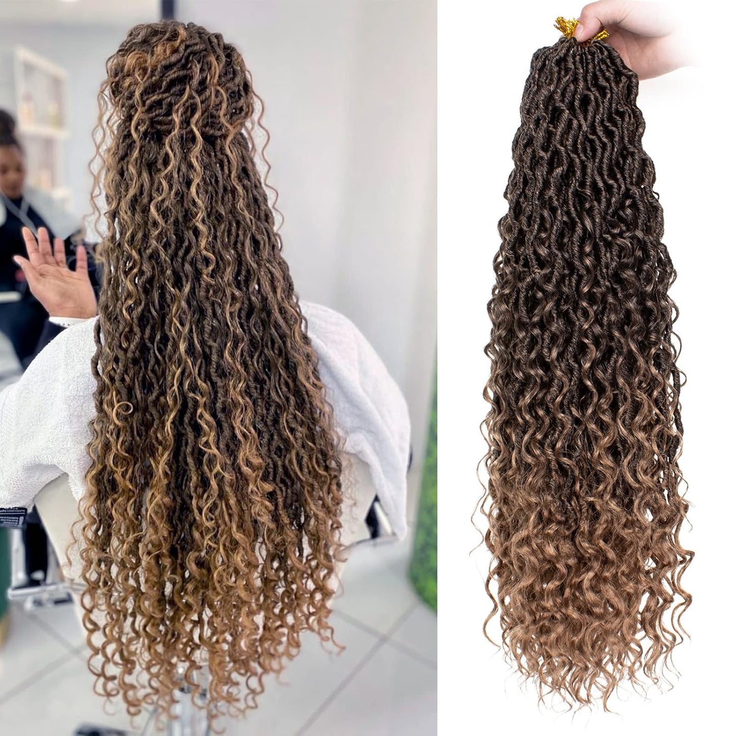 Boho Faux Locs Crochet Hair - 24 Inch Ombre Goddess Locs | 8 Packs Curly Ends Hair Extensions T27#