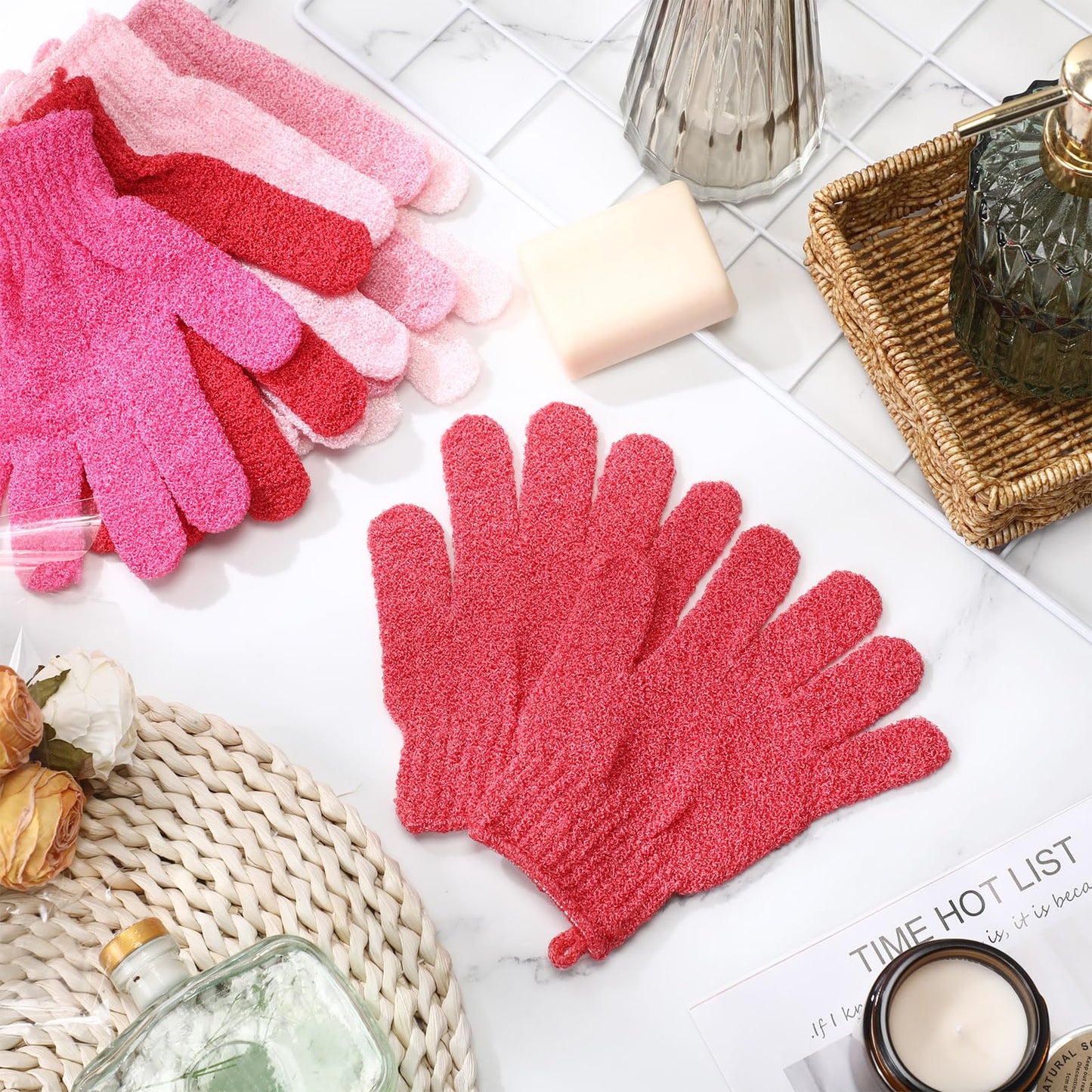 Cuffbow 90 Pcs Exfoliating Bath Gloves Body Scrub Bath Gloves with Hanging Loop Colorful Scrub Exfoliate Glove for Men Women Beauty Spa Massage Skin Shower Body Scrubber(Pink)