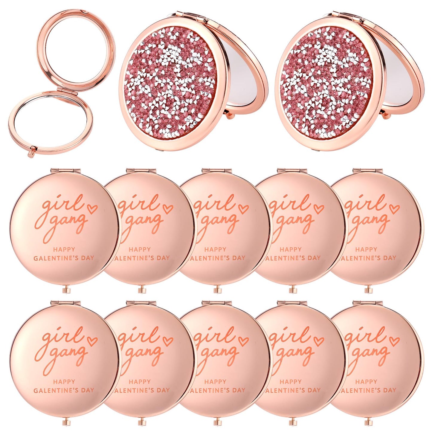 Thyle 12 Pcs Galentine's Day Gifts Compact Mirror for Purse, Double-Sided 1x/2x Magnifying, Metal Shell with Diamond, Galentines Folding Mini Pocket Travel Makeup Mirror for Women Friends Besties BFF