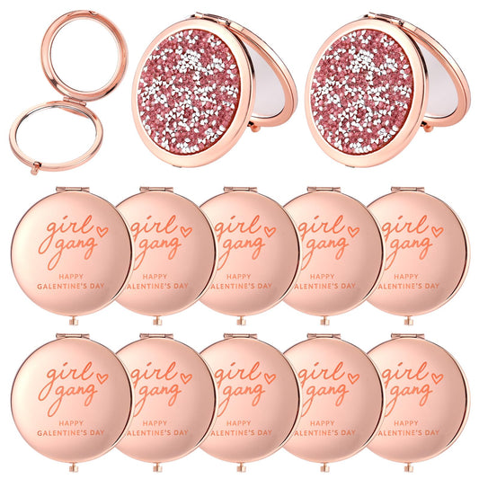 Thyle 12 Pcs Galentine's Day Gifts Compact Mirror for Purse, Double-Sided 1x/2x Magnifying, Metal Shell with Diamond, Galentines Folding Mini Pocket Travel Makeup Mirror for Women Friends Besties BFF