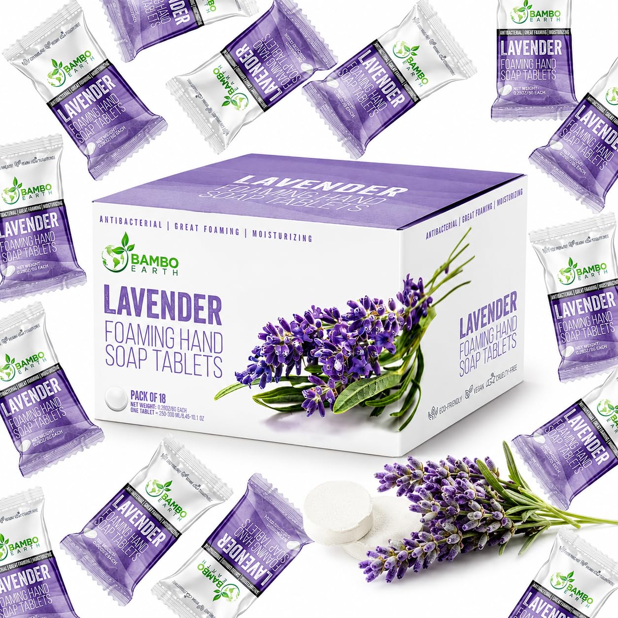 18 Pack Natural Foaming Hand Soap Tablets - Soft Moisturizing Handwash Tab Refills - 1 Tablet = 9 Oz Refillable Liquid Wash Foam Handsoap - Eco-Friendly Paper Softsoap Refill Tabs (Lavender)