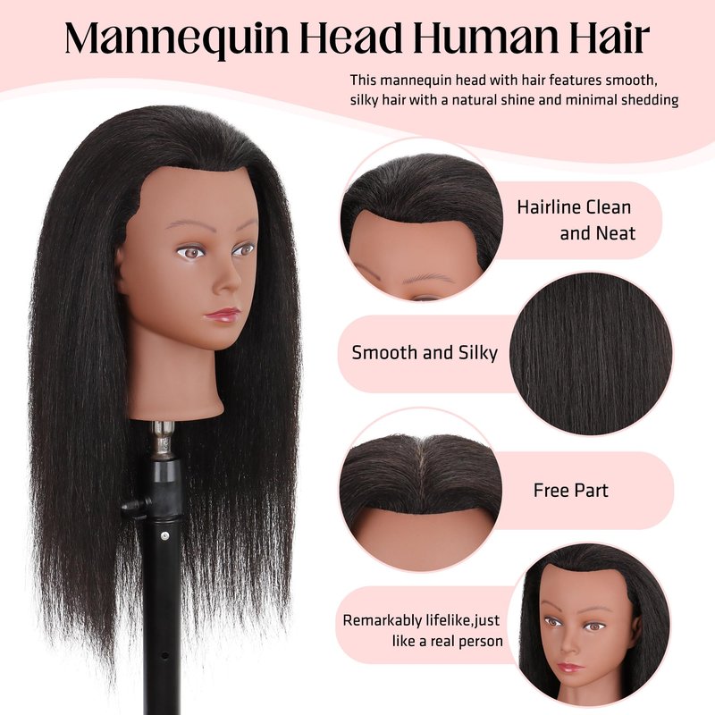Mannequin Head 100% Real Human Hair 16", Mannequin Head Human Hair Cosmetology Doll Head for Hair Styling, Manikin Head for Braiding with Clamp Holder（Black）