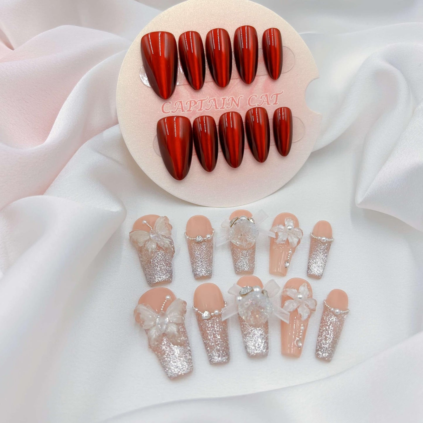 CAPTAIN CAT Handmade Press on Nails White Wedding 3D Flower Design Coffin length 1.22in Reusable Fake Nails for Women 20pcs (Diamond Vow, S)