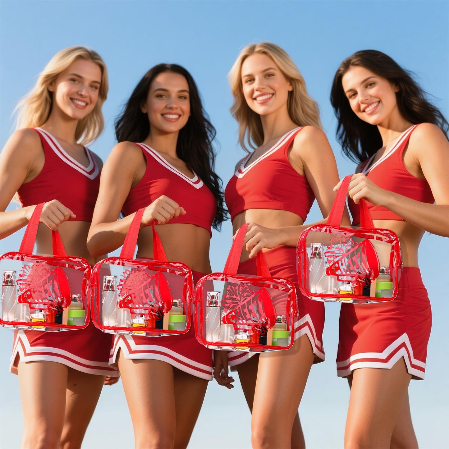 Kacctyen 12 Pcs Cheer Large Clear Toiletry Cosmetic Makeup Bag with Zipper and Handle Cheer Snack Bag Bulk for Team 12 x 9 x 4 Gift Bags Tote Pouch Cheerleading Teammates Party Supplies(Red)