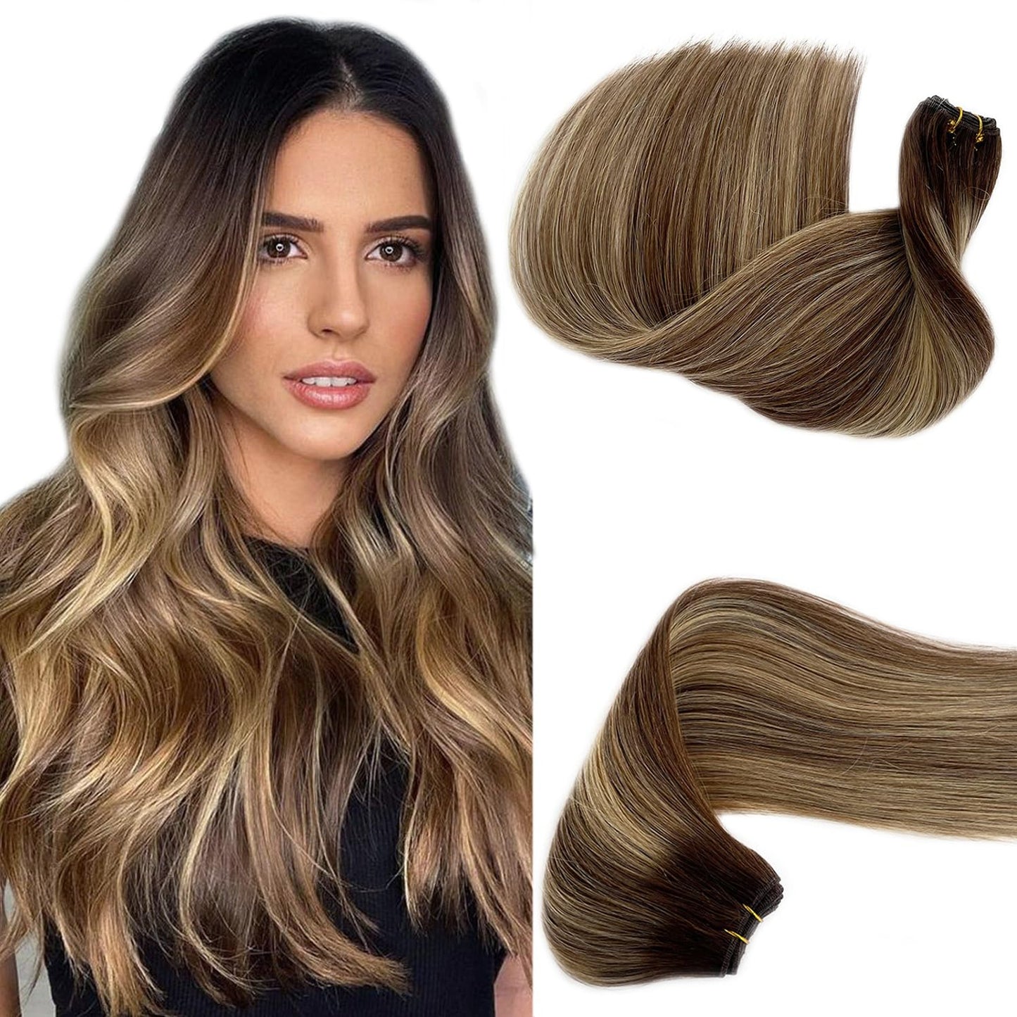 Sew in Human Hair Weft Extensions Honey Blonde Highlights Hand Tied Weft Hair Extensions 14 Inch #4T4/24 Straight Seamless Sew in Weave Bundles