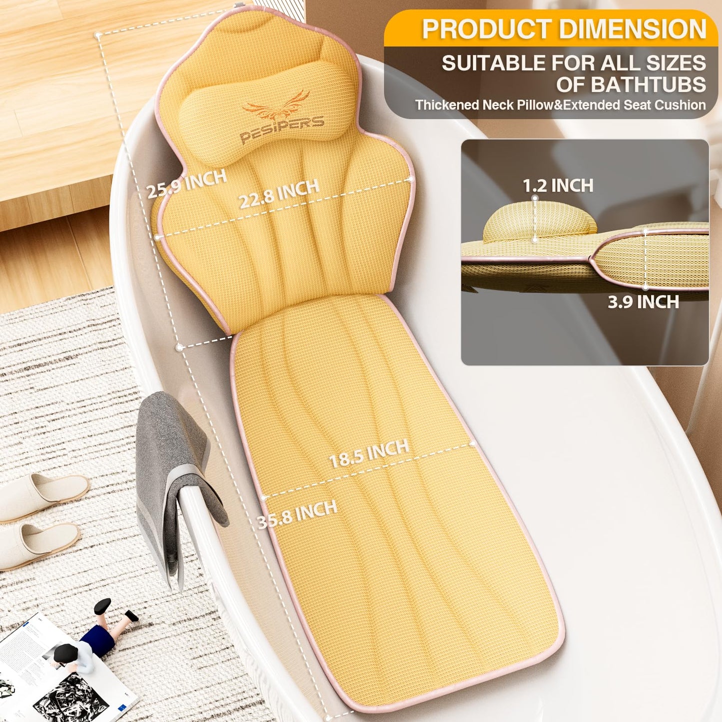 Pesipers Ergonomic Full Body Bath Pillow for Bathtub, 3.9 inch Thickened Tub Pillows for Back Support and Headrest Neck, Soft 5D Air Mesh Cushion & Mat, Bathtub Pillow with 13 Suction Cups(Gold)