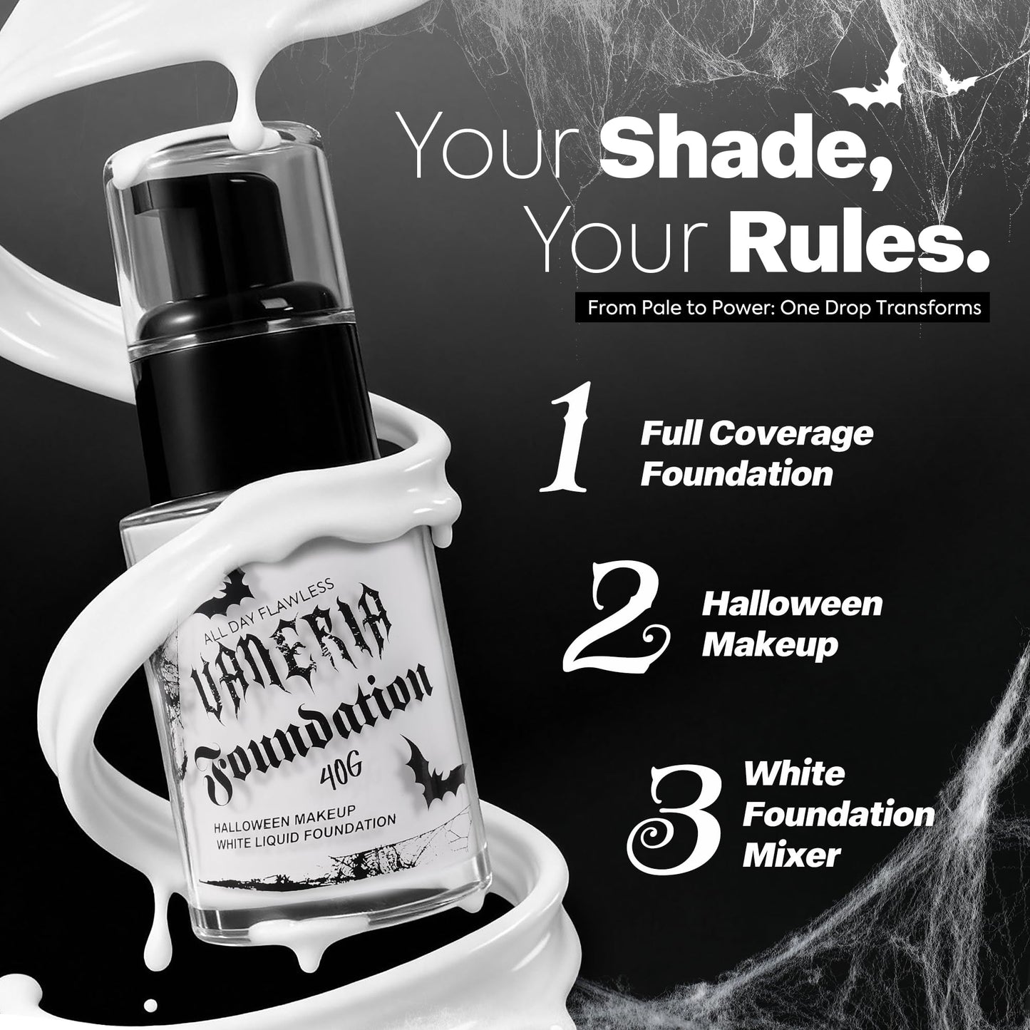 VANERIA White Foundation, Goth Foundation Liquide Makeup, Clown Makeup, Blanco Face Paint, Full-Coverage Waterproof, Mixer Use or White Base for Halloween, Cosplay, Stage, Mime & Film.30ML