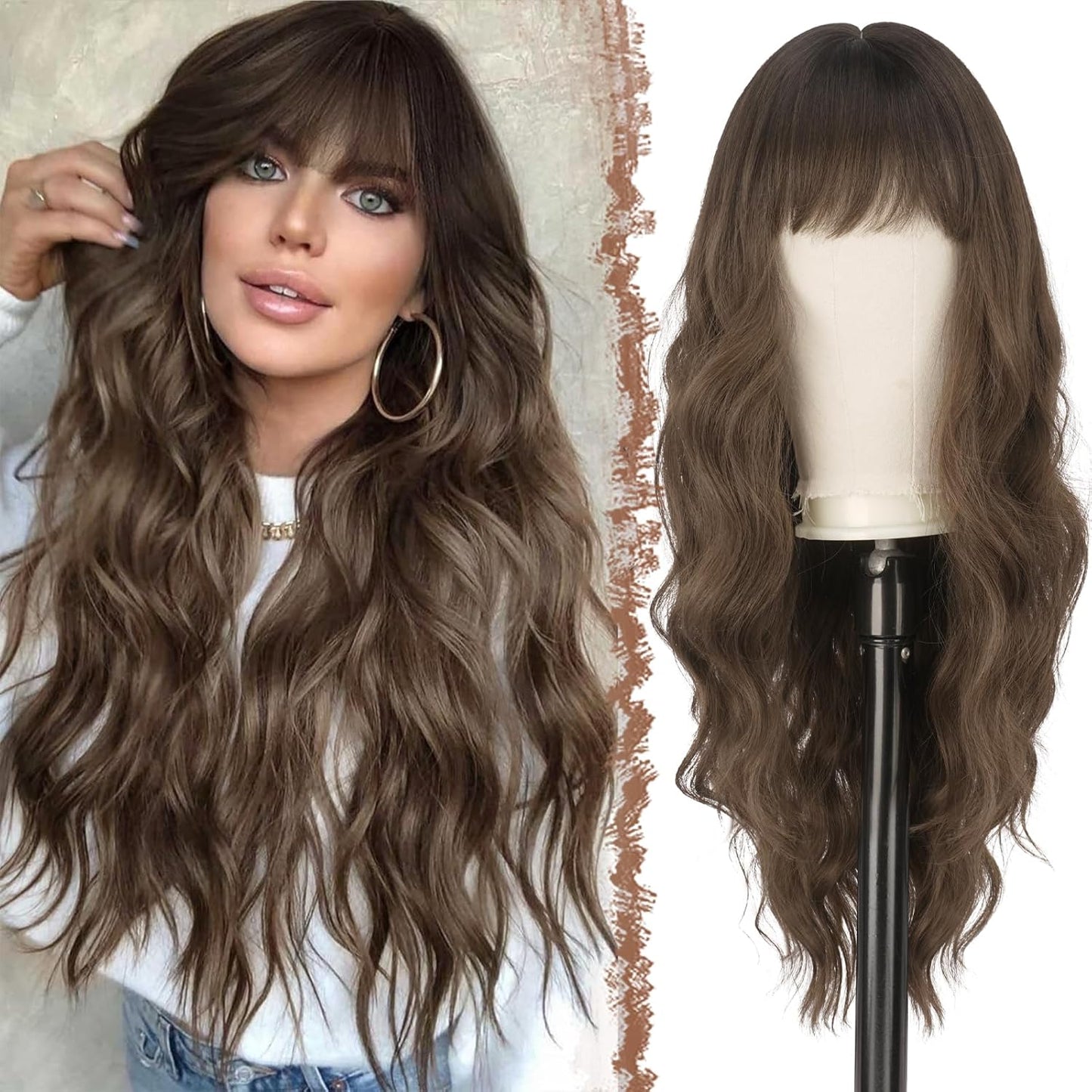 Medium Brown Wig with Bangs for Women - 26 Inch Long Wavy Synthetic Hair for Daily Wear | Natural Look