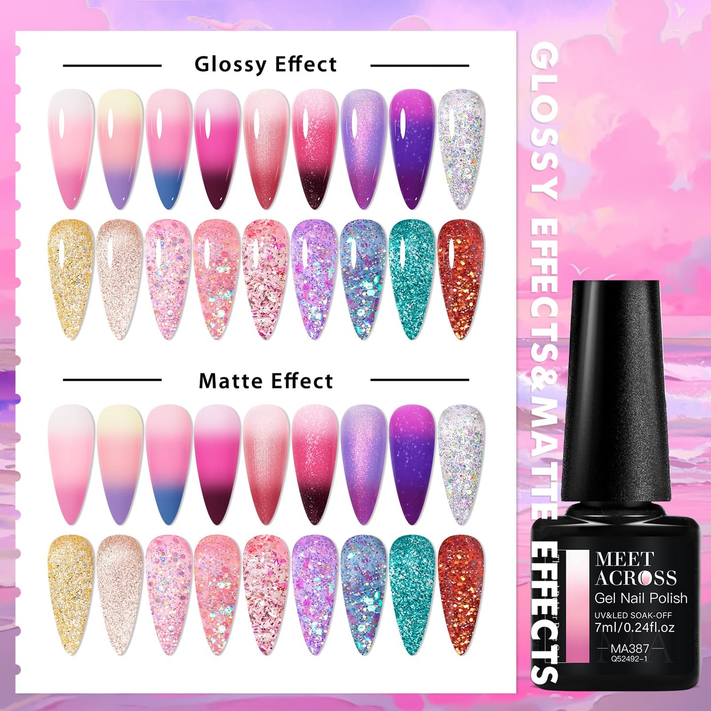 MEET ACROSS Color Changing Rubber Base Builder Gel Polish Nude Pink Purple Mood Temperature Change Nail Polish + Jelly Glitter Gel Nail Polish, Base Color Gel Polish Set 18pcs*7ml