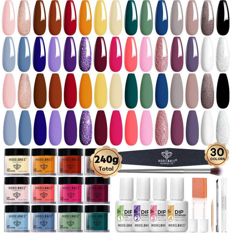 Modelones Dip Powder Nail Kit Starter, 30 Colors Nude Brown Green Blue Acrylic Dipping Powder Set with Top/Base Coat Activator for French Art Manicure Salon DIY