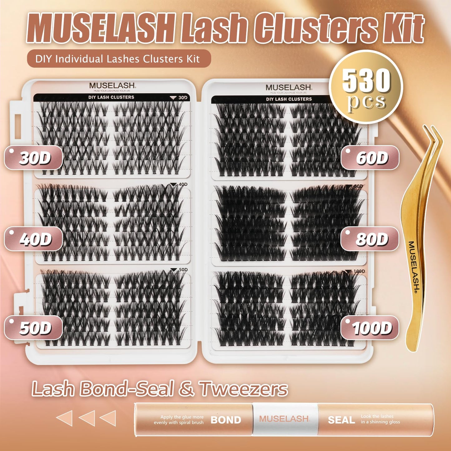 MUSELASH Lash Clusters Kit 530pcs Eyelash Clusters 30D-100D Pre Map Volume Cluster Eyelash Extensions Kit 8-16mm Mix Lengths Wispy Lashes Clusters Kit with Lash Bond and Seal Tweezers