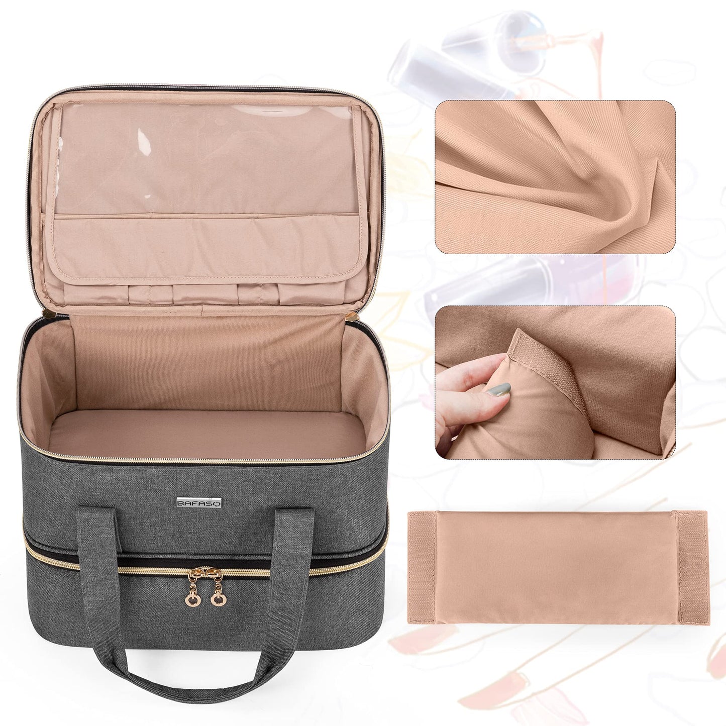 BAFASO Nail Polish Organizer Holds 40 Bottles (15ml - 0.5 fl.oz) and a Nail Lamp, Nail Polish Carrying Case with Manicure Tools Storage Sections (Bag Only), Gray
