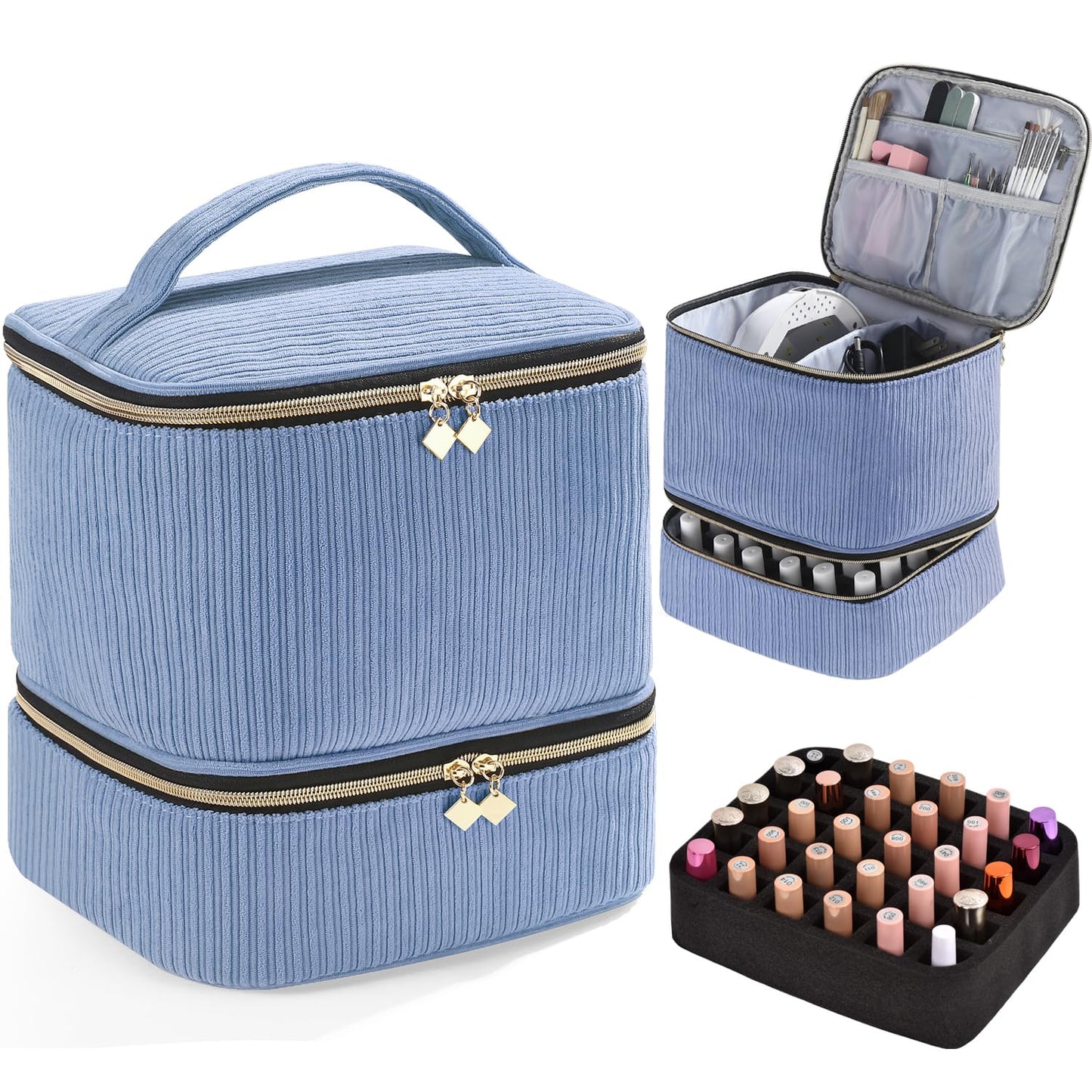 CTWWFS Corduroy Nail Polish Organizer and Nail Lamp Case, Nail Kit Organizer Holds 30 Bottles (15ml - 0.5 fl.oz) and a Nail Lamp, Nail Polish Carrying Case with Manicure Tools Storage Sections (Blue)