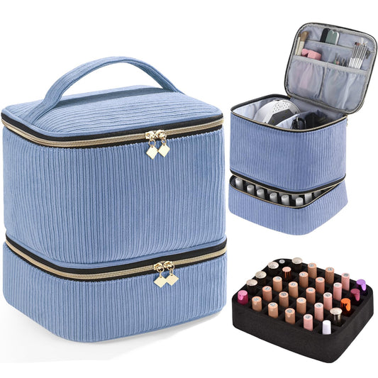 CTWWFS Corduroy Nail Polish Organizer and Nail Lamp Case, Nail Kit Organizer Holds 30 Bottles (15ml - 0.5 fl.oz) and a Nail Lamp, Nail Polish Carrying Case with Manicure Tools Storage Sections (Blue)