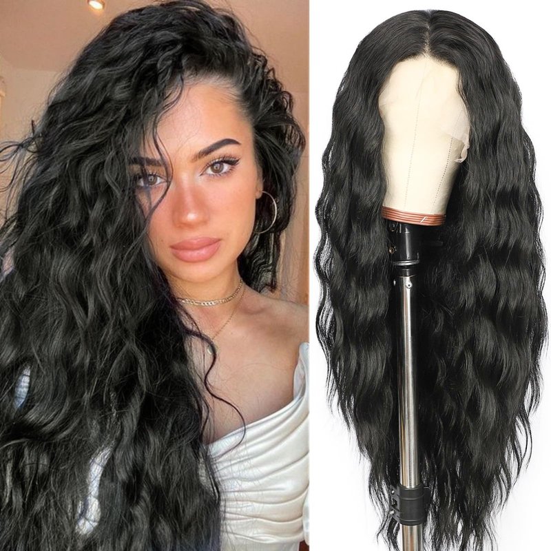 SAPPHIREWIGS 13×4 Black Lace Front Wigs Loose Wave Wig Pre Plucked Hairline Synthetic Lace Frontal Crimp Curly Wigs for Black Women Cosplay Daily Party Use 30 inch
