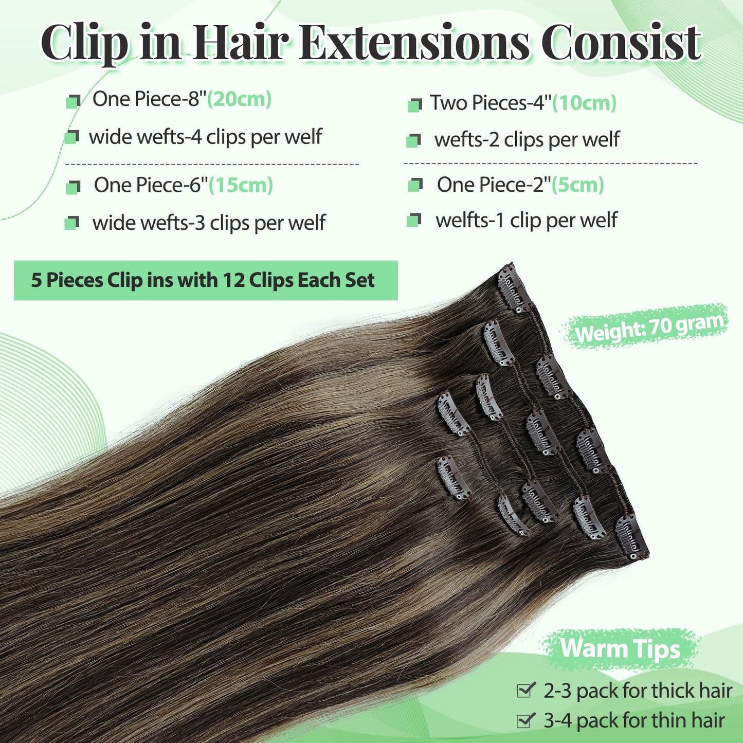 Clip in Hair Extensions Human Hair, 70g 5 Pieces Hair Extension Clips Balayage Dark Brown Fading to Ash Brown Mixed Dark Brown Hair Extensions Real Human Hair Clip ins for Women 20 Inch