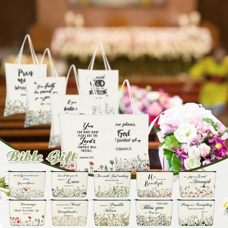Christian Tote Bags & Makeup Bags Set - 20 Pcs Bible Verse Gifts for Women | Classic Design