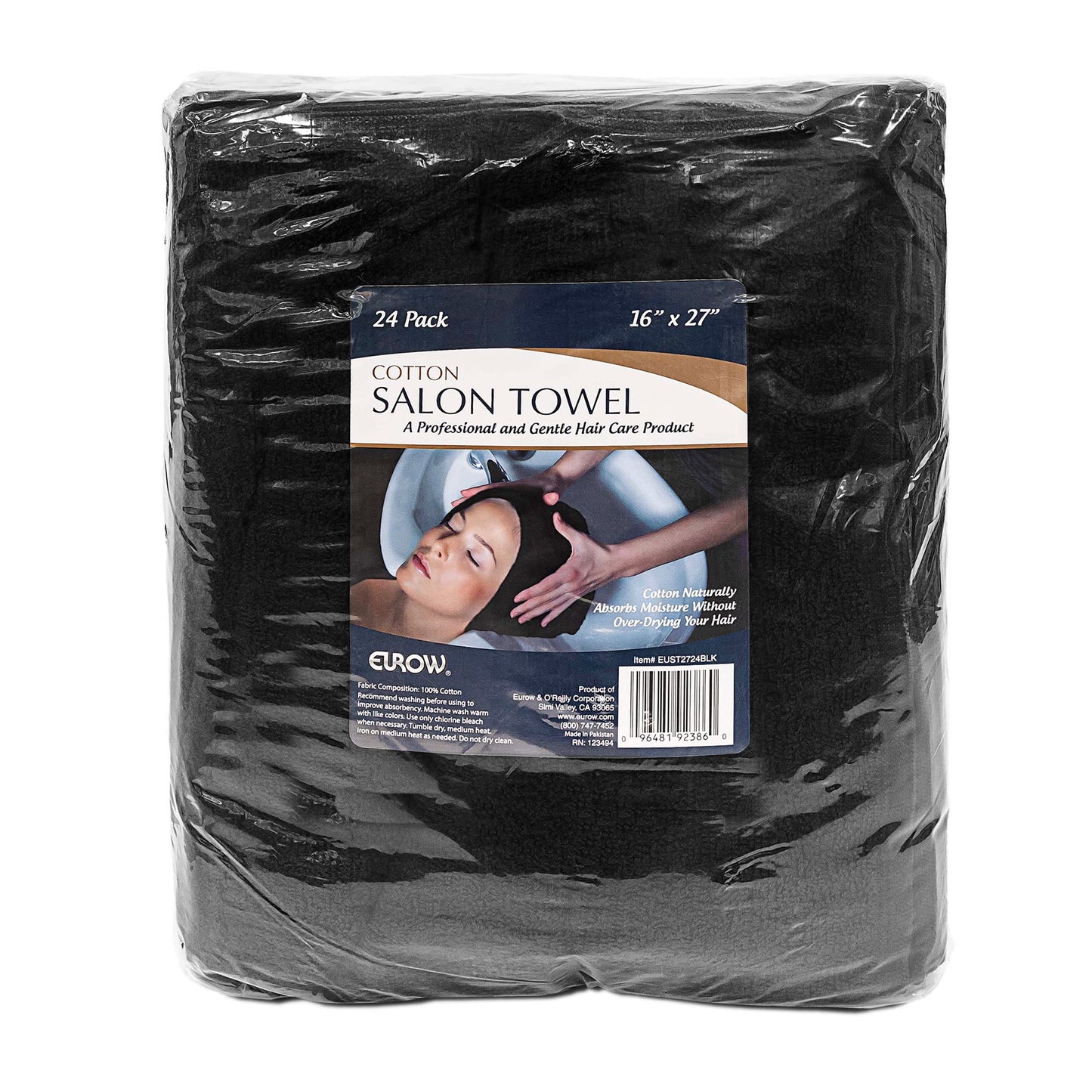 Eurow Ultra-Soft & Absorbent Cotton Salon Towels for Home, Beauty, Gym & Professional Salons, Fast-Drying for Hair, Hands & Spa Use, Durable & Machine Washable, 16" x 27", 24-Pack, Black