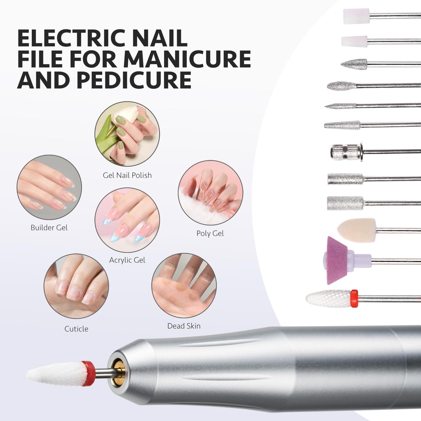 GAOY Electric Nail Drill, USB Electric Nail File for Acrylic and Gel, Portable Efile with Drill Bits, Manicure Pedicure Tools for Home Salon, Silver, Aluminum Lightweight