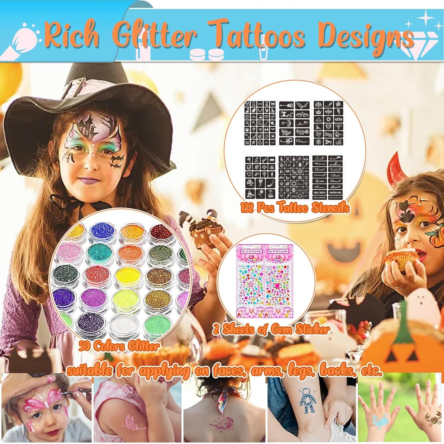 Kids Glitter Tattoo Kit - 50 Colors Glitter Powder, 132 Stencils & Glow-in-the-Dark Stickers | Fun Body & Face Makeup for Parties & Holidays