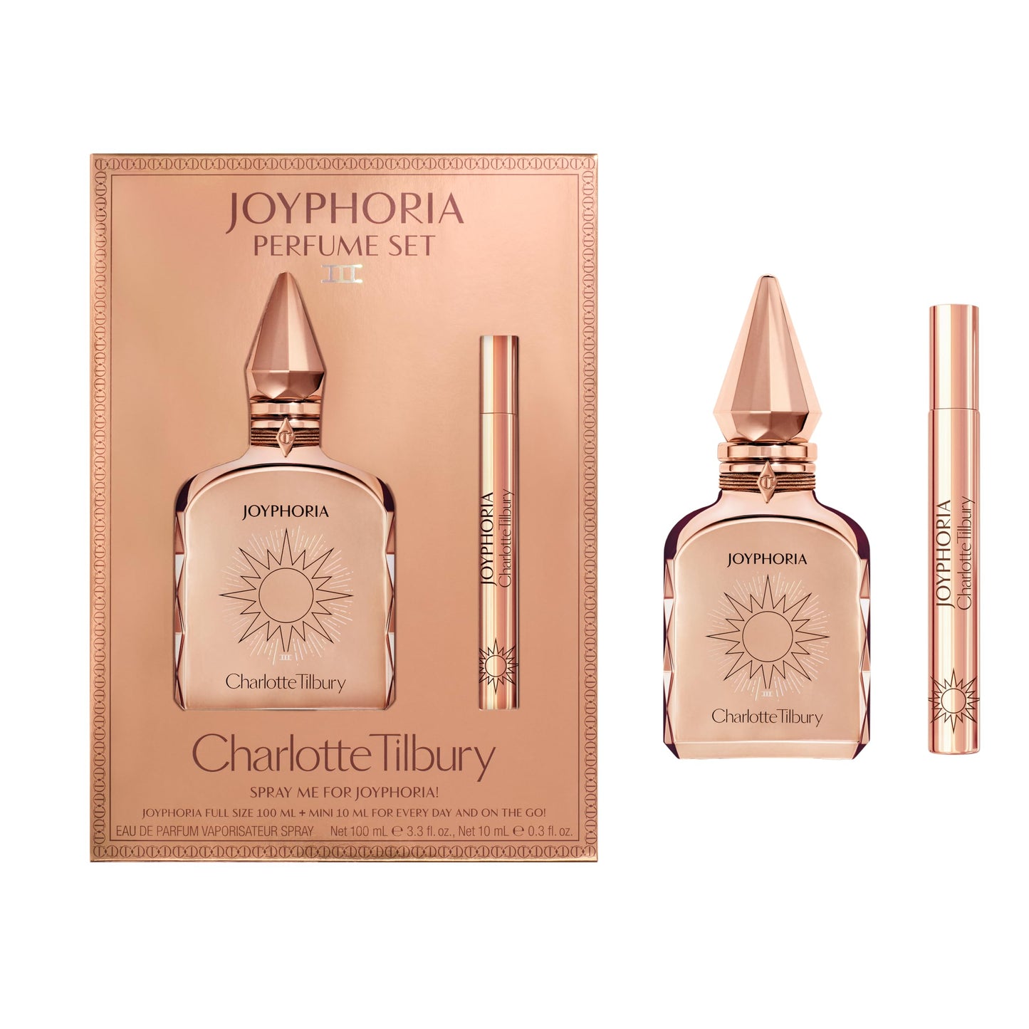 Charlotte Tilbury Joyphoria Perfume Set - Pheromone Enhancing Floral Perfume - Long-Lasting Scent with Notes of Tuberose, Jasmine & Vanilla Bean (100ml & 10ml)