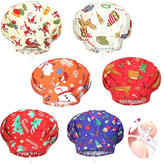 6 Pcs Christmas Bouffant Scrub Cap with Buttons Adjustable Working Hats Surgical Cap with Sweatband for Women Men