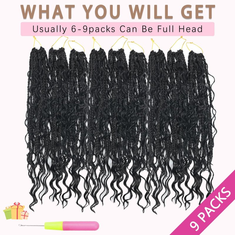 Boho Crochet Braids - Human Hair Pre-Looped Bohemian Extensions with Curly Ends | 24 Inch, Color 1B