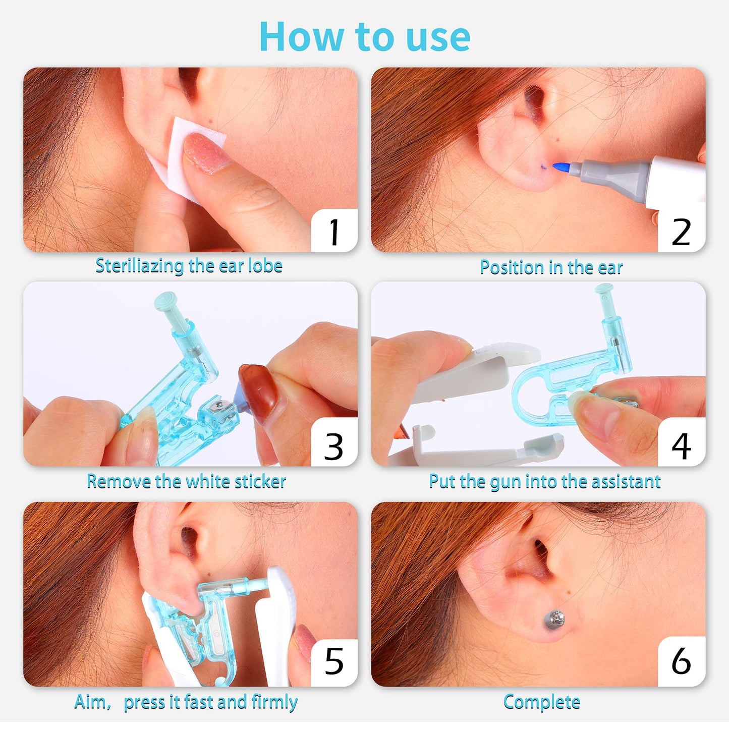 Tirdkid 50PCS Ear Piercing Kit - Disposable Safety Sterile Self Piercing Gun with Ear Studs and Aid Tool