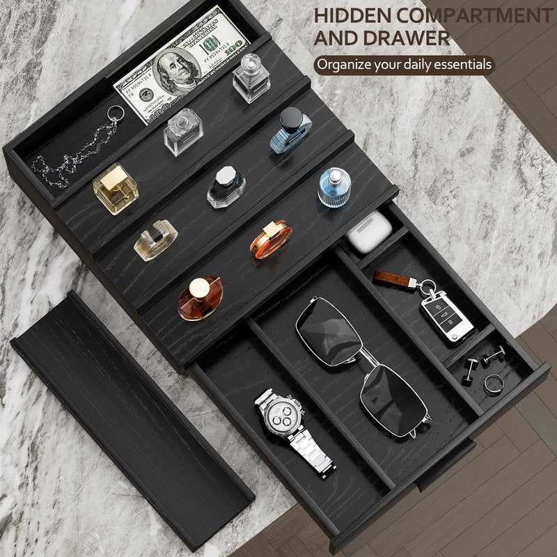 Hrbjunuo Solid Walnut Cologne Organizer for Men, 4 Tier Cologne Stand, Wooden Cologne Holder Display Shelf with Drawer Storage and Hidden Compartment, Black Perfume Stand Organizer, Gifts for Men