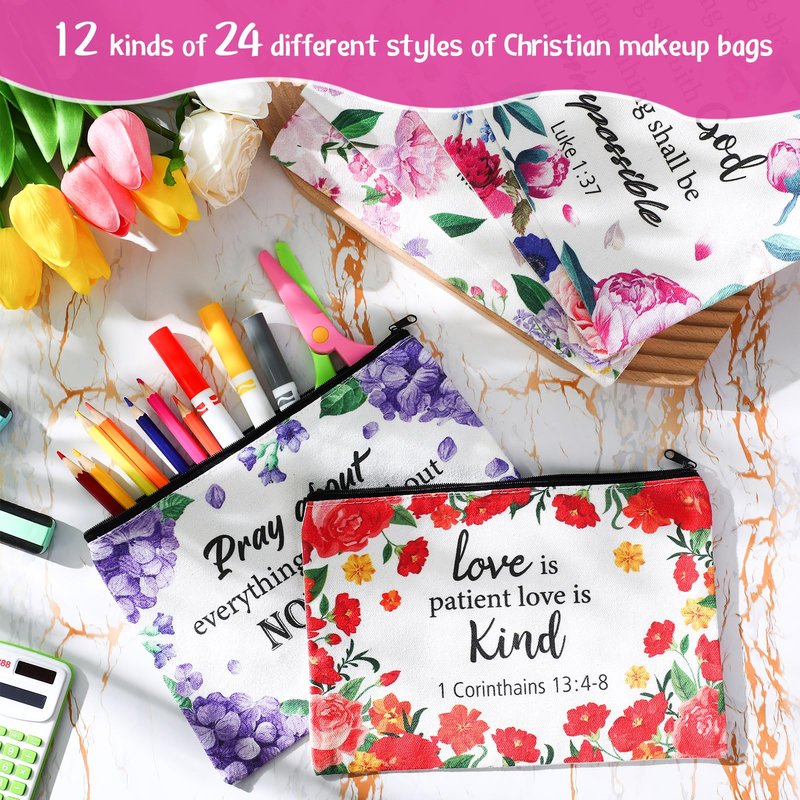 Qeeenar 24 Pcs Christian Makeup Bags Mother's Day Cosmetic Bags Inspirational Bible Verse Toiletry Pouch Canvas Motivational Pouch with Zipper for Women Organize Cosmetics Stationery Supply(Floral)