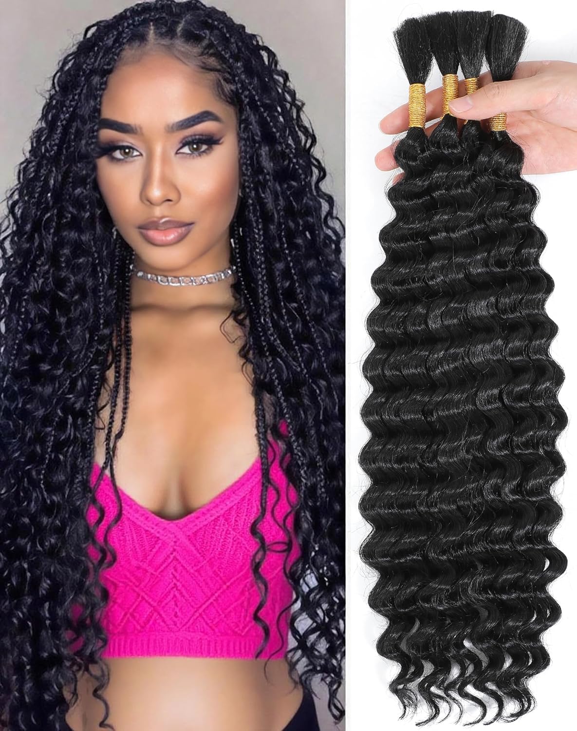 22 Inch Human Braiding Hair - Deep Wave Boho Braids, 110g | 100% Unprocessed Brazilian Virgin Hair Extensions, Natural Color, 4 Bundles
