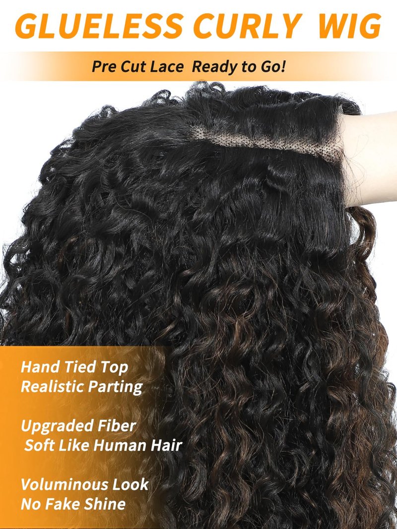 TENACOO Highlight Brown Glueless Curly Wig Dark Brown Mix Light Deep Wave Synthetic Lace Front Wig 24 Inch 4x1 Lace Closure Ombre Brown Long Curly Wigs for Black White Women
