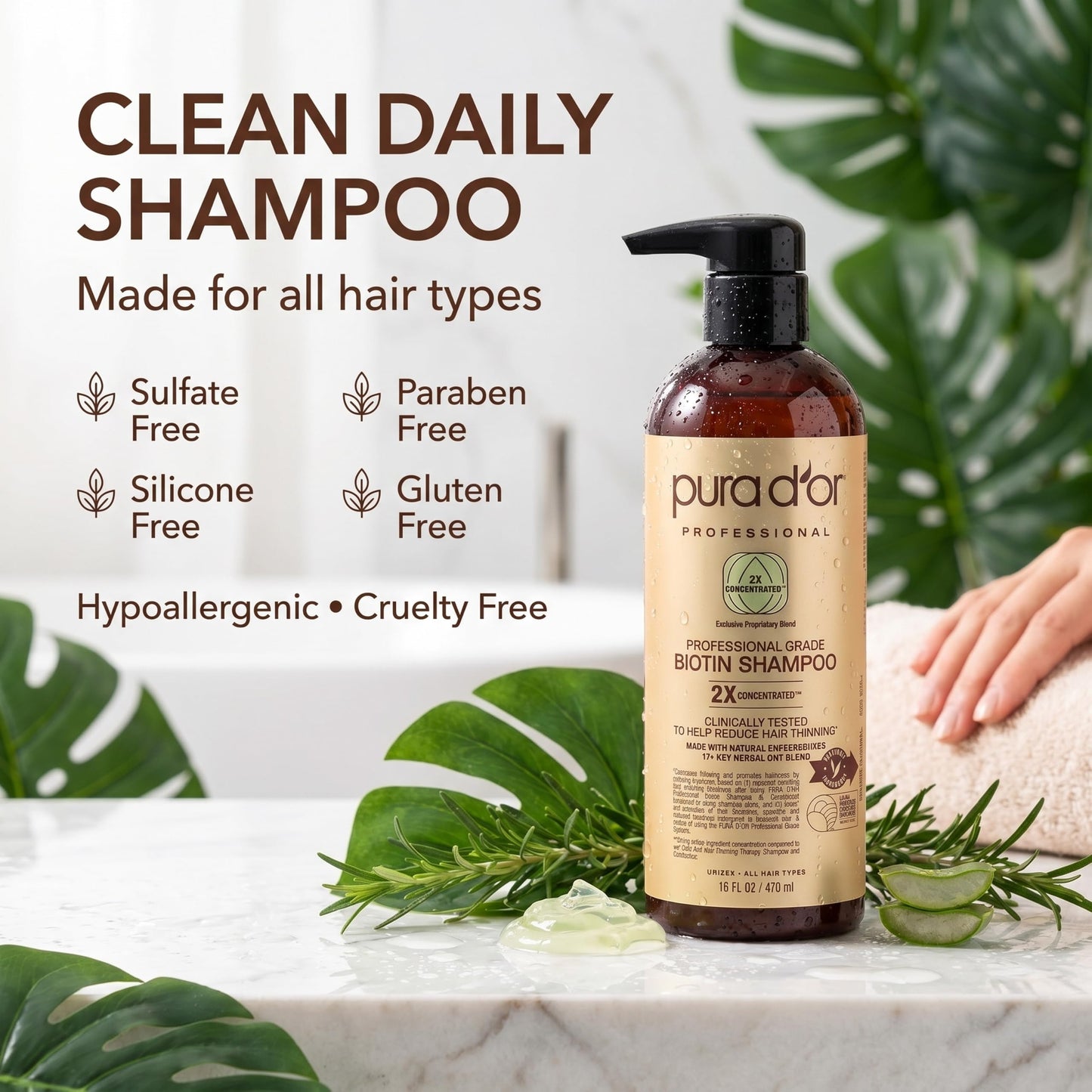 PURA D'OR Clinically Formulated Biotin Shampoo - Daily Hair Care Routine For Thinning Hair - 2X Concentrated 17+ Key Herbal Blend Hair Thickening Products For Women & Men, Botanical Zen Scent 16 Fl Oz