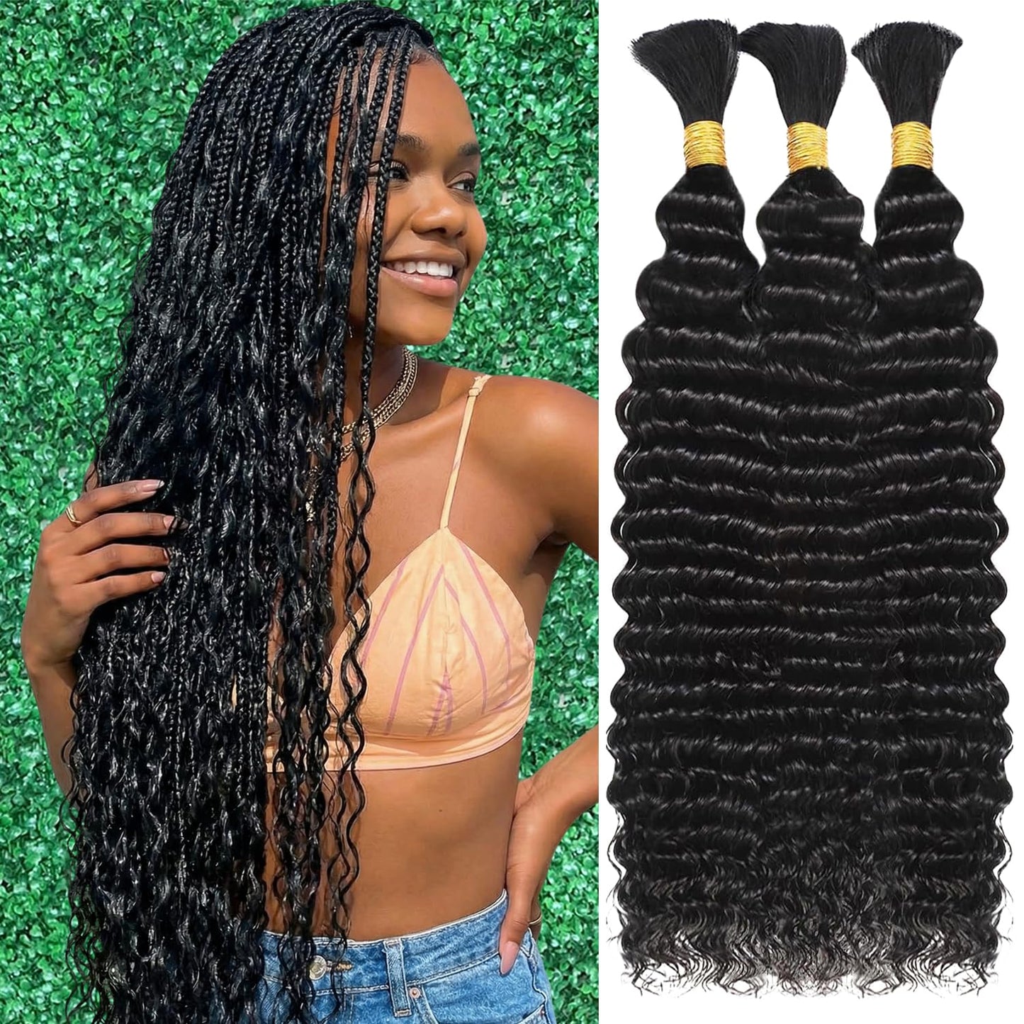 Afihond Human Braiding Hair For Boho Braids Deep Water Wave Bulk Human Hair for Braiding 12A Wet and Wavy Curly 100% Human Hair Extensions 3 Bundles 110g Natural Color 16inch