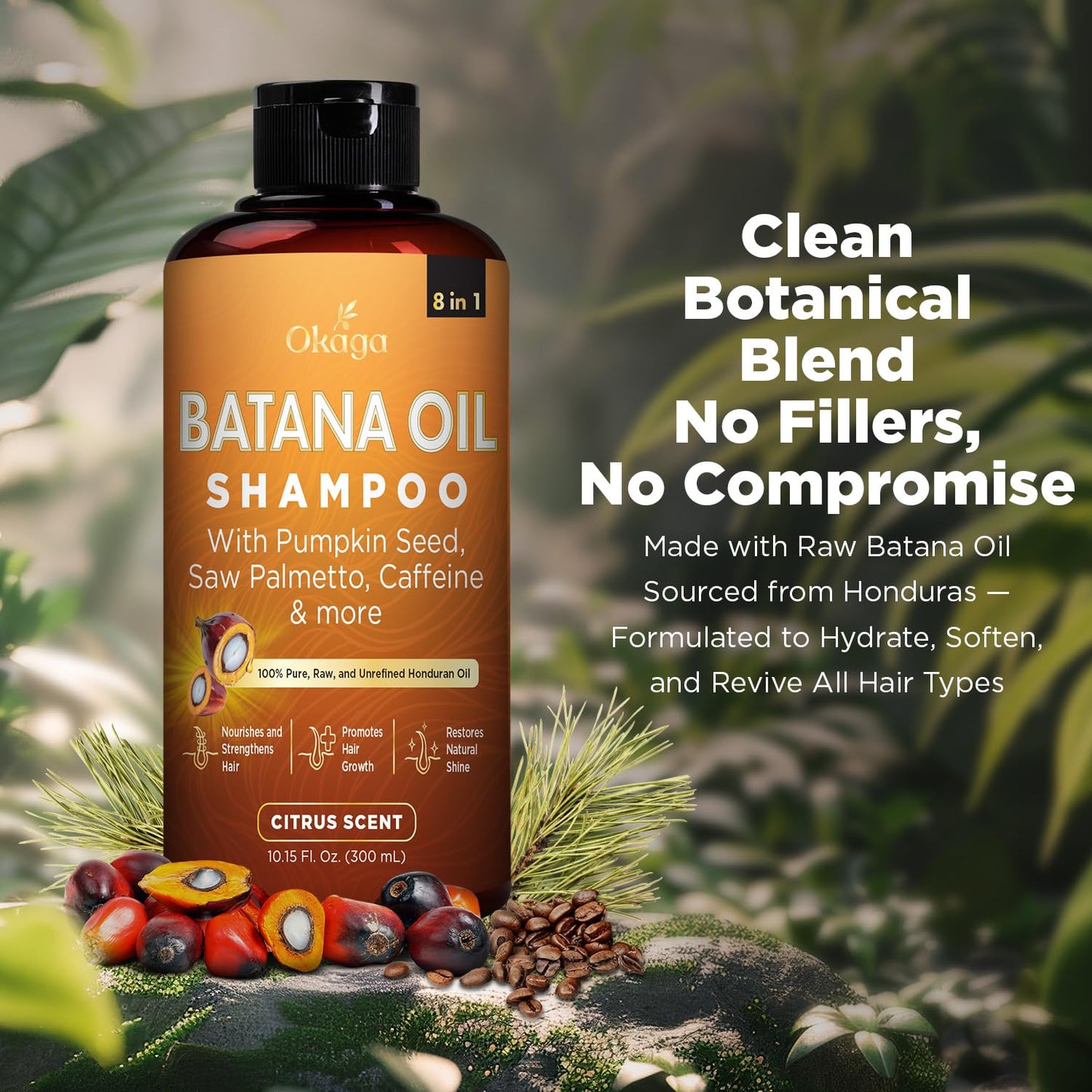Batana Oil Shampoo for Hair Growth, Aloe Vera Leaf Juice, Saw Palmetto, Caffeine, Hydrolyzed Rice Protein, Pumpkin Seed, Castor & Rosemary Oils, 8-in-1 Natural Formula (10.15 fl oz Citrus Scent)