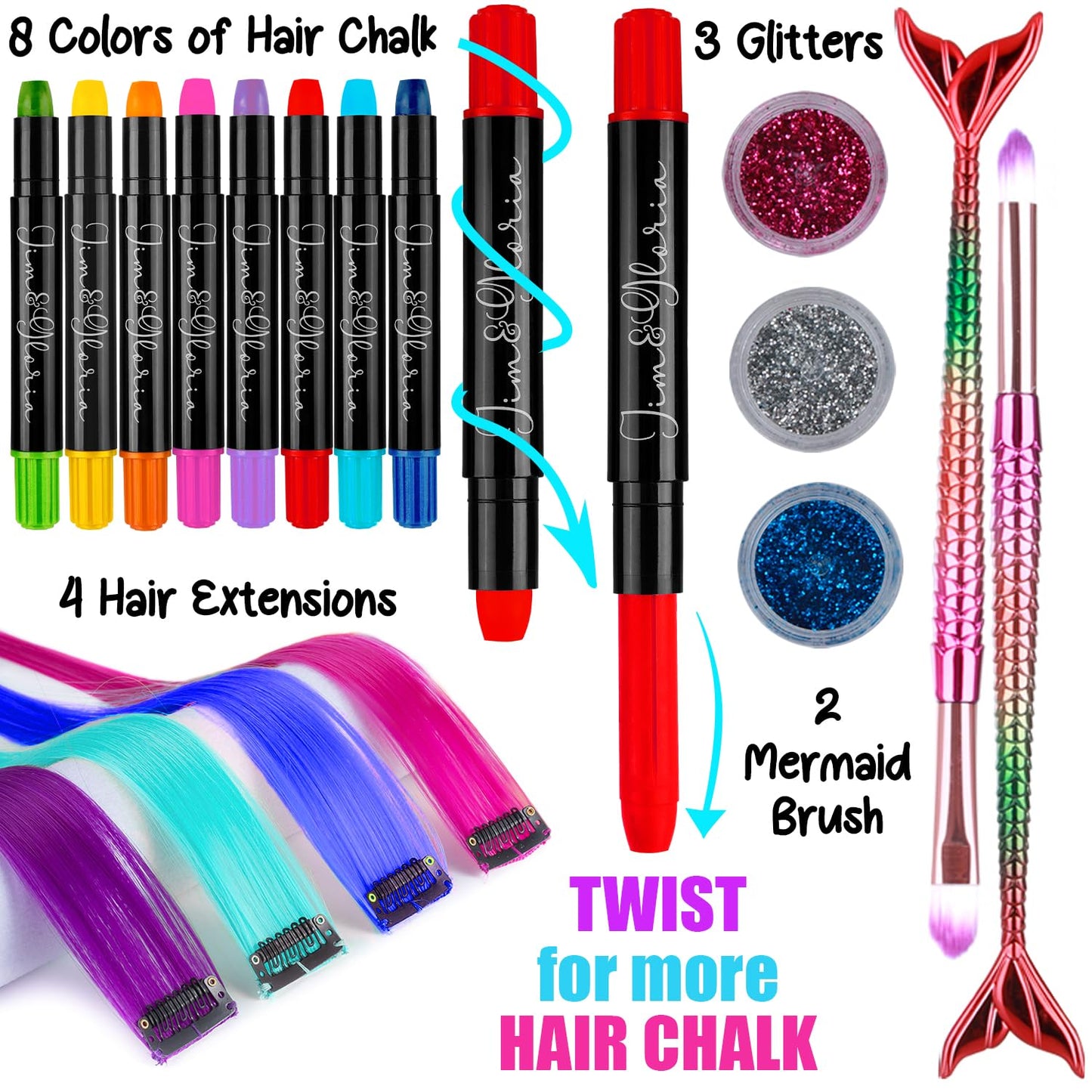 Jim&Gloria Dustless Hair Chalk Include Hair Extensions Mermaid Brushes Glitters Set of 17 Face Paint 32 Colors with Metallic and Neon