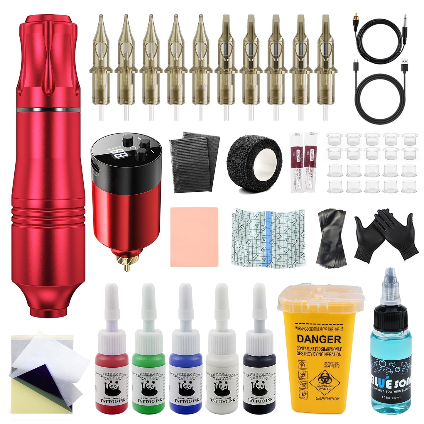 Wireless Tattoo Kit for Beginners - Rotary Tattoo Pen Machine with 1500mAh Battery (4-6H Use), Needle Disposal Container & Complete Pre/Post Care Supplies, Red | Home Practice Tattoo Kit for Starters