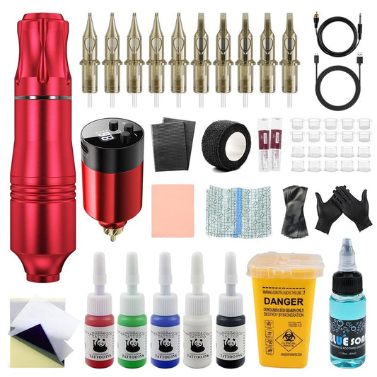 Wireless Tattoo Kit for Beginners - Rotary Tattoo Pen Machine with 1500mAh Battery (4-6H Use), Needle Disposal Container & Complete Pre/Post Care Supplies, Red | Home Practice Tattoo Kit for Starters