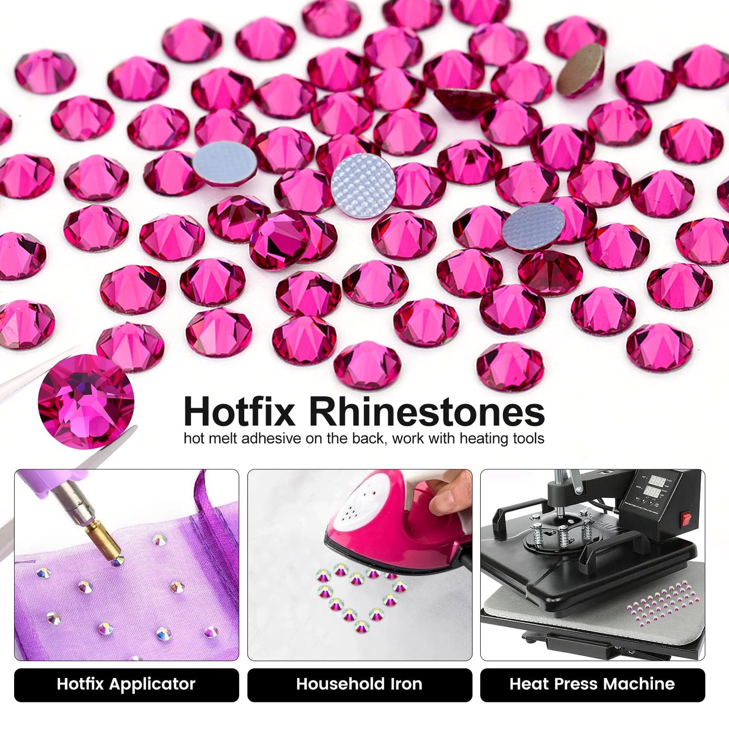 Novani Hotfix Rhinestones 1440pcs Fuchsia Round Iron on Rhinestone Style 2088 Sparkly Crystal Gemstones for Fabric and Crafting, SS20 (4.6-4.8mm)
