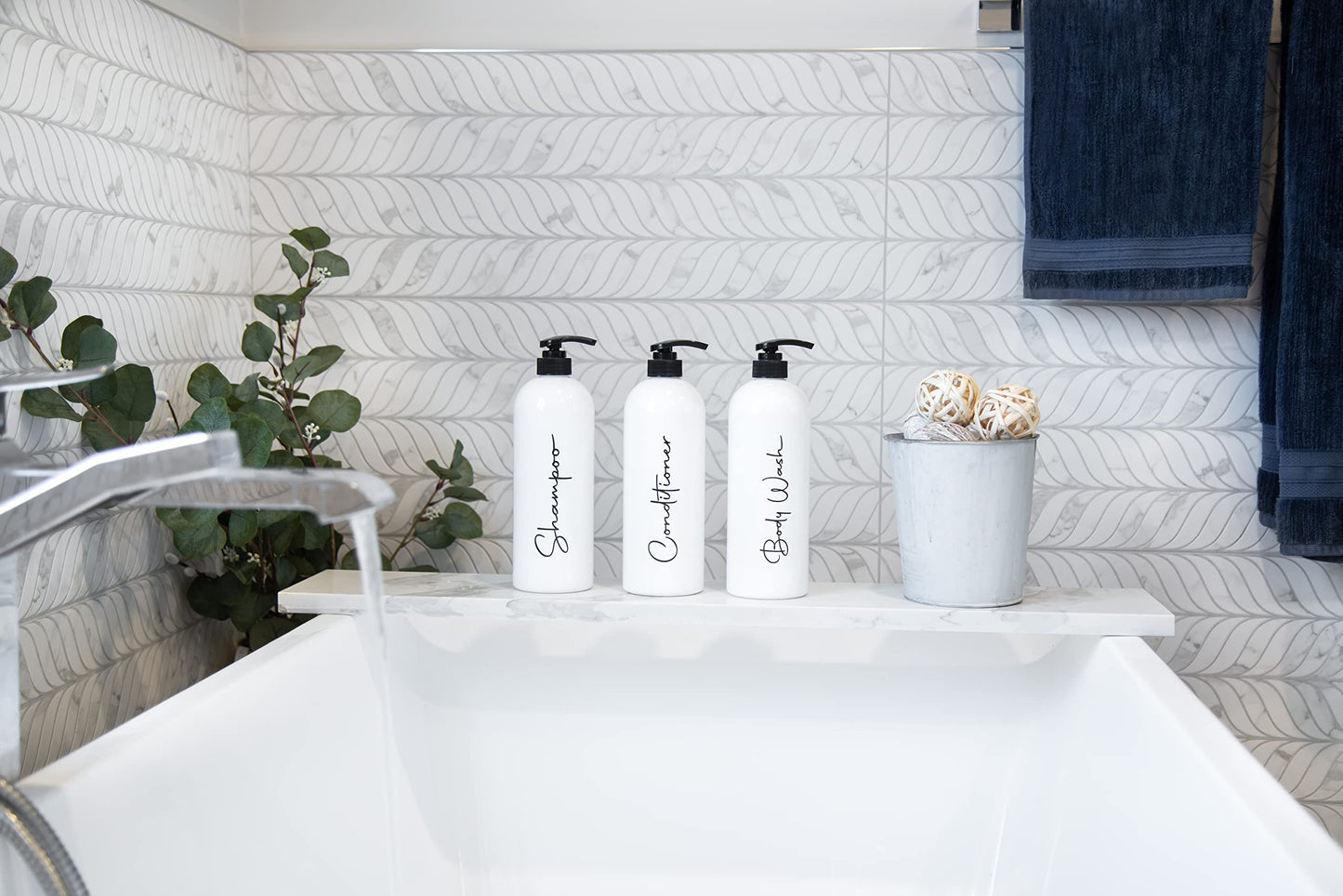 Alora 32oz Reusable Shampoo and Conditioner Bottles - Set of 3 - Easy to Read Labels - Pump Bottle Dispenser for Shampoo, Conditioner, Body Wash - Empty Plastic Refillable Containers for Shower