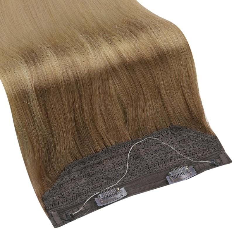 Invisible Wire Hair Extensions - 12 Inch Real Human Hair | Golden Brown to Dirty Blonde, 70g Fishing Line Secret Hairpiece
