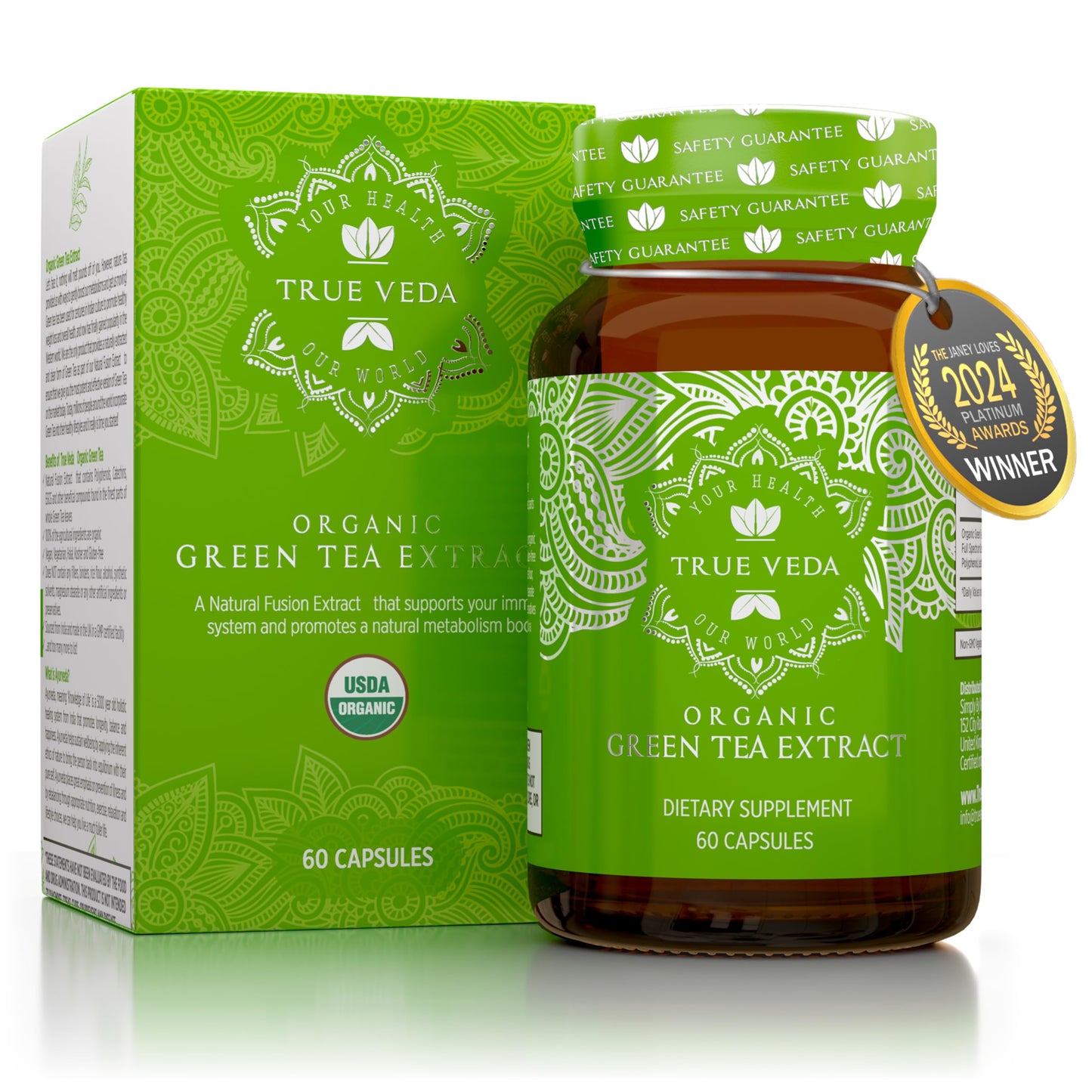 True Veda USDA Organic Green Tea Extract Capsules with EGCG | Premium Plant-Based Green Tea Pills | High Quality EGCG Supplements | Low Caffeine | 60 Vegan Capsules