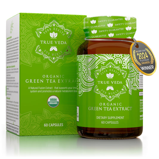 True Veda USDA Organic Green Tea Extract Capsules with EGCG | Premium Plant-Based Green Tea Pills | High Quality EGCG Supplements | Low Caffeine | 60 Vegan Capsules