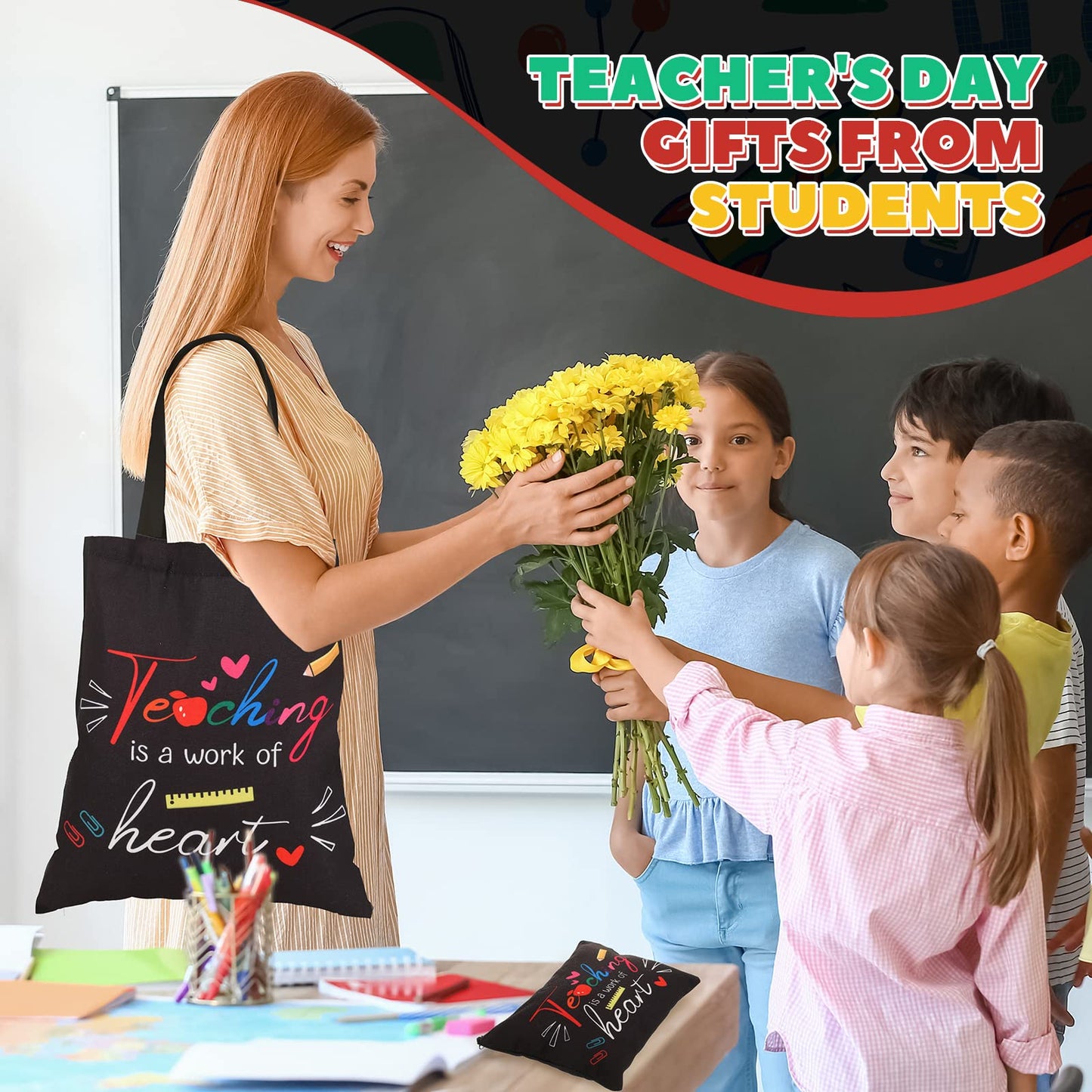 Kacctyen 12 Pcs Teacher Graduation Appreciation Gifts 6 Reusable Grocery Bag 6 Cosmetic Bags Thank You Women Gifts(Teaching is a Work of Heart)